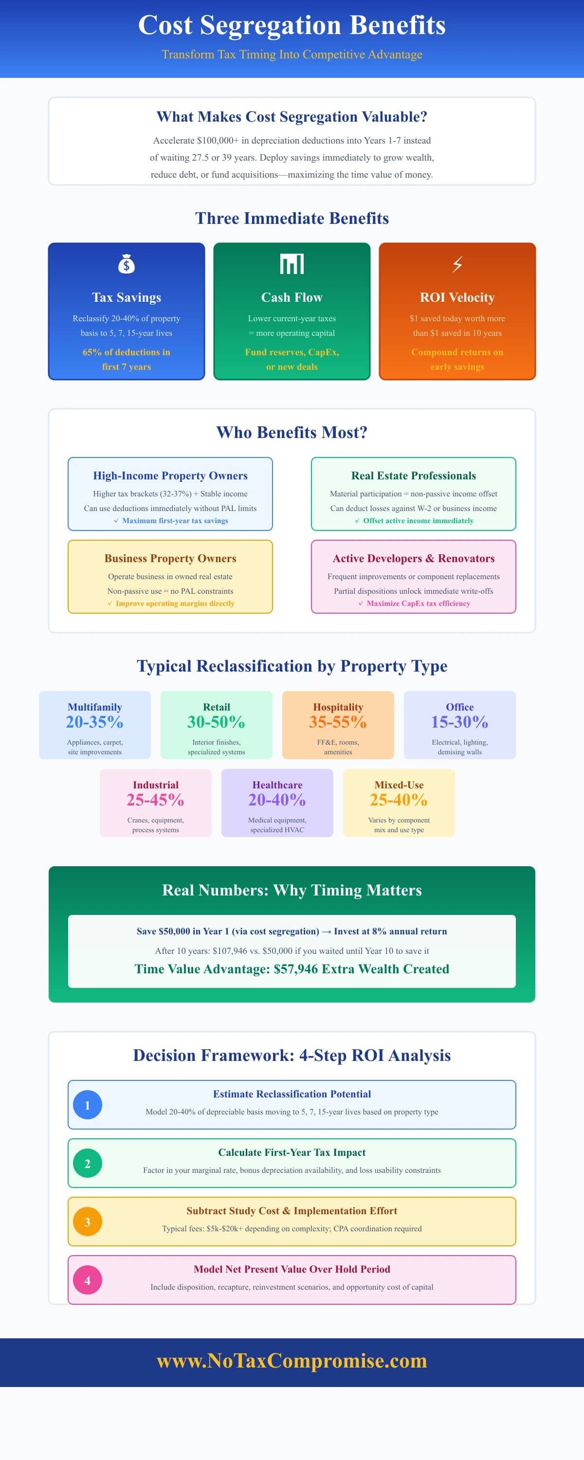 Cost Segregation Benefits - Comprehensive visual guide showing tax savings, cash flow boost, ROI advantages, investor profiles, property types, and timing comparisons - No Tax Compromise